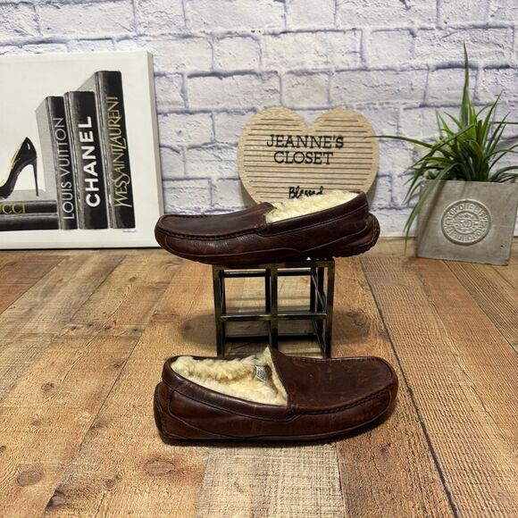 Ugg Ascot Slippers Men's Sz 8 Brown Leather Shearling Slip On Casual Shoe - Picture 2 of 10